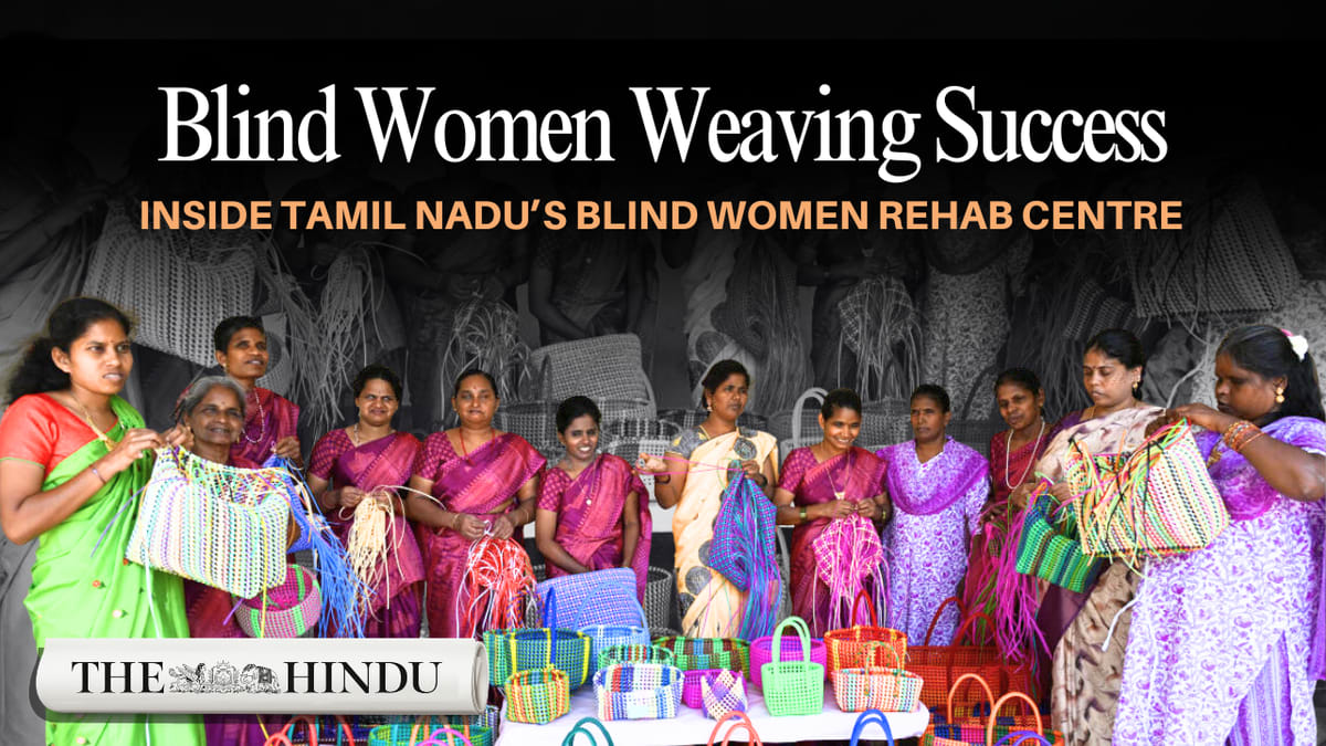 ** Visually impaired women weaving baskets by touch at rehabilitation center in Tamil Nadu, India