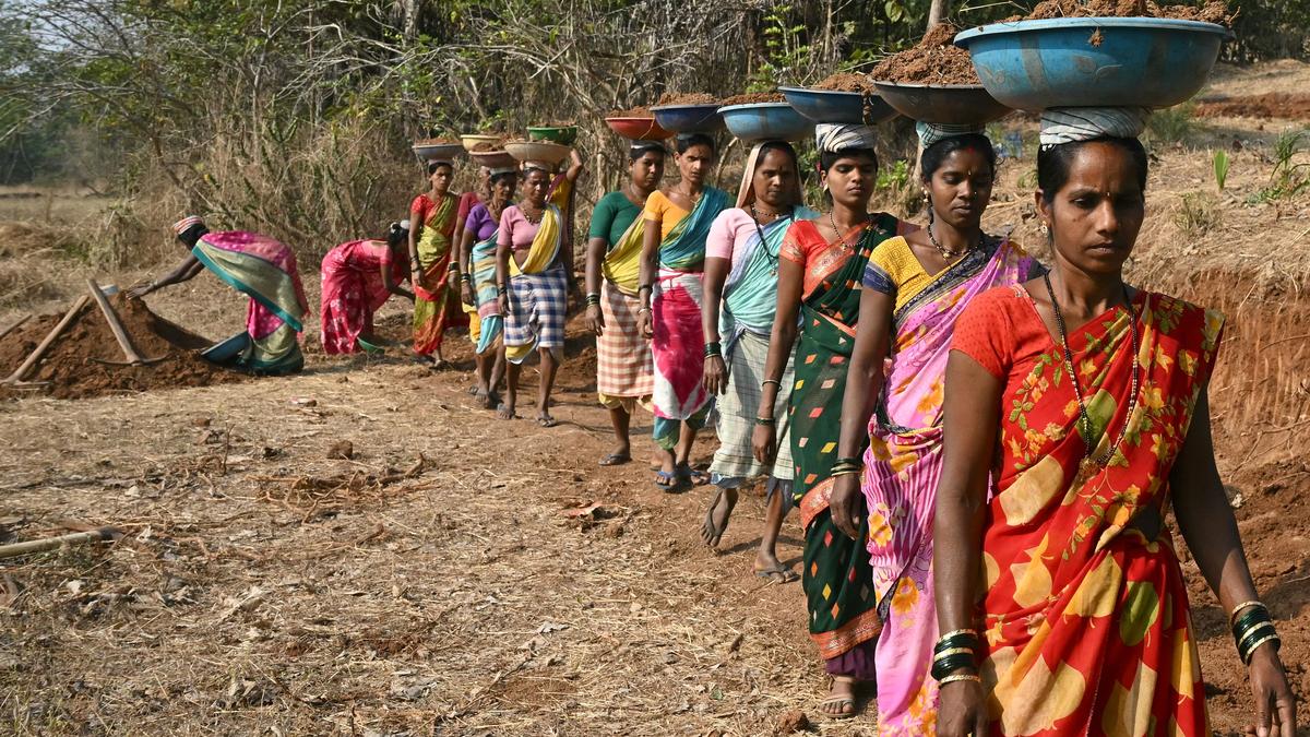 Rural workers in India participating in government employment guarantee program construction project