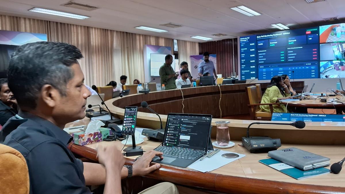 Election control room screens displaying real-time AI monitoring of Kerala polling stations