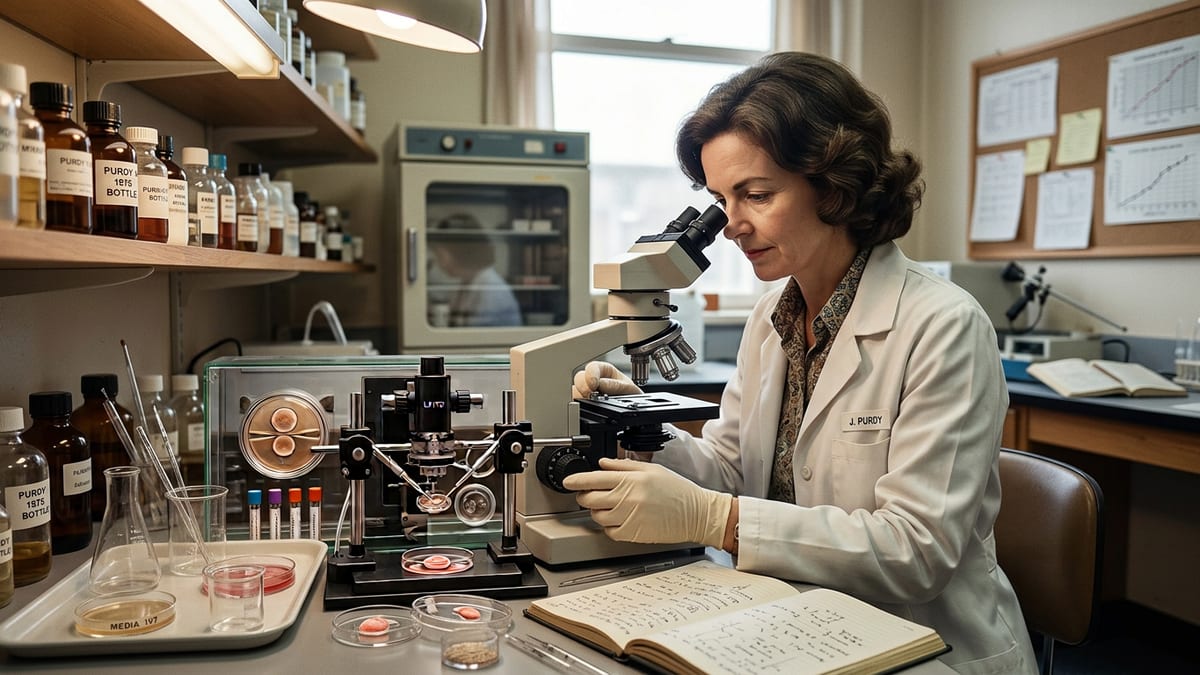 Black and white photograph of Jean Purdy working in laboratory during IVF research development