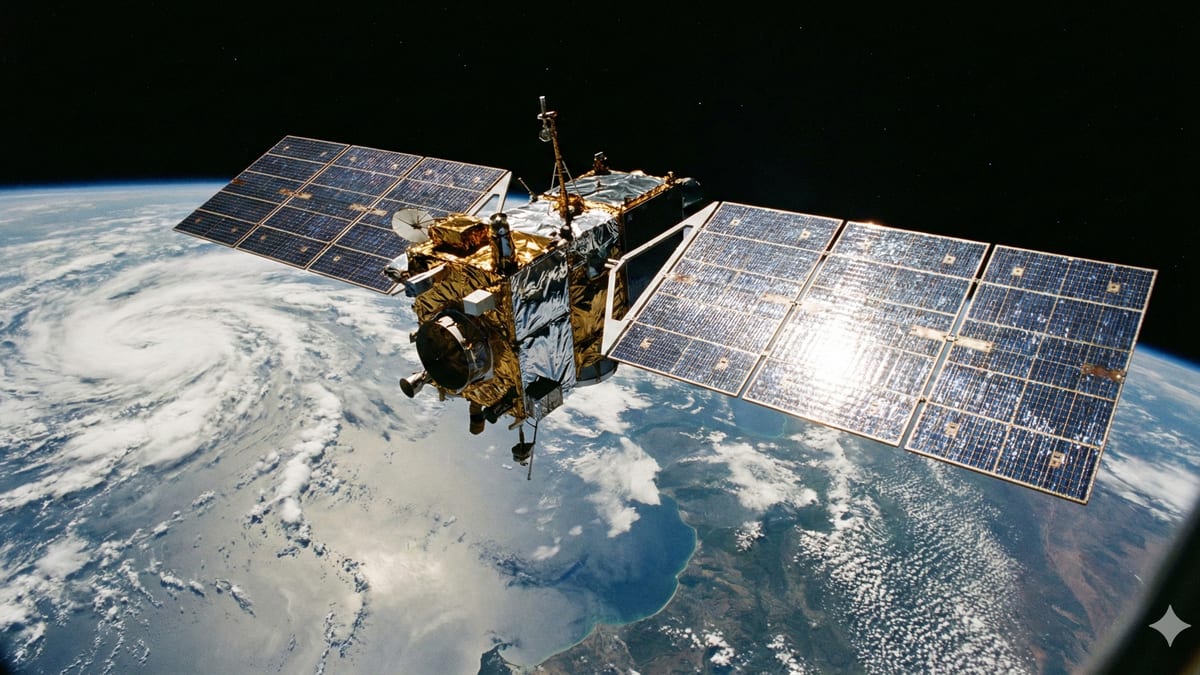 Artist rendering of clustered satellites with solar panels orbiting Earth as data centers