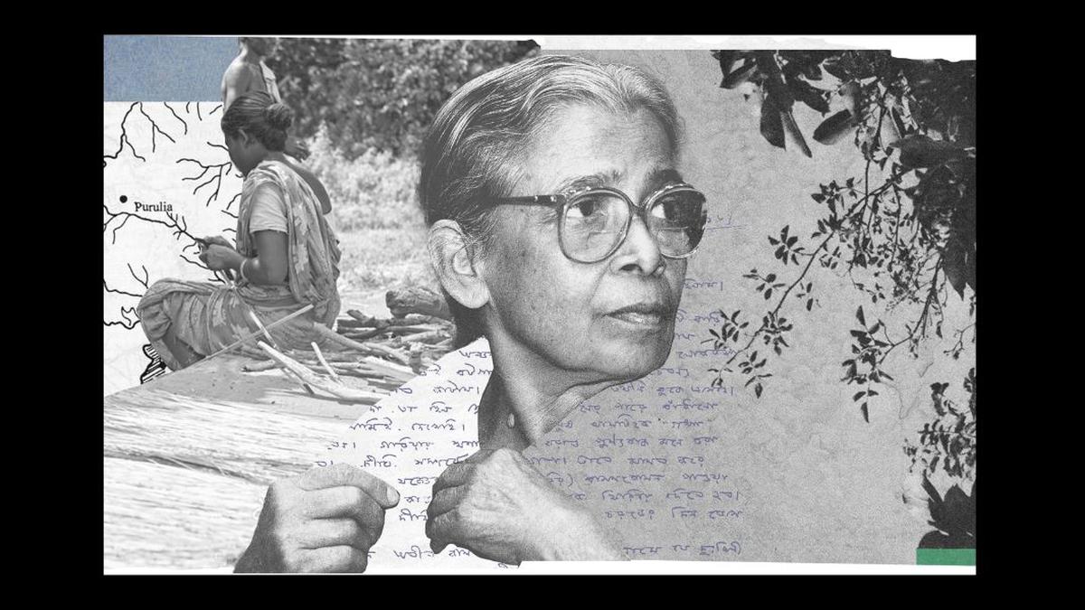Mahasweta Devi with tribal community members in rural Bengal forest settlement