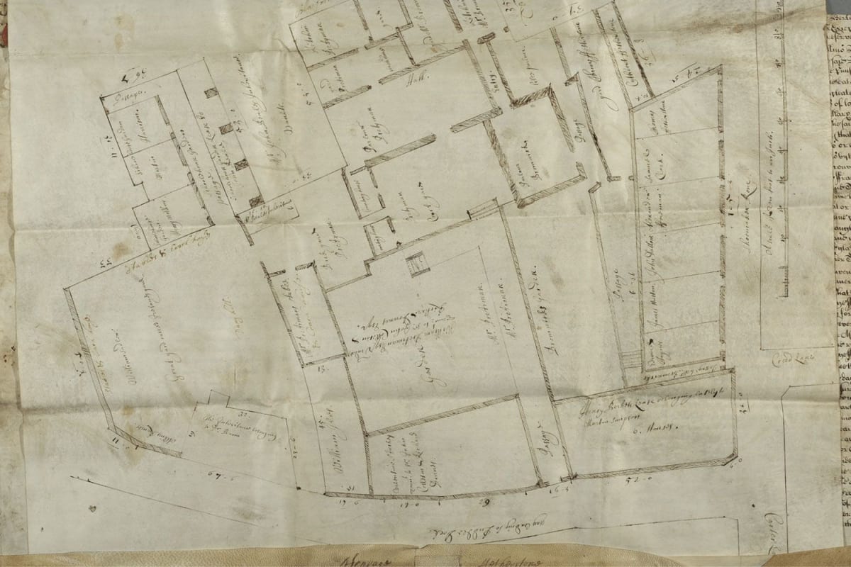 Historical property map showing the floorplan of William Shakespeare's London house in Blackfriars district