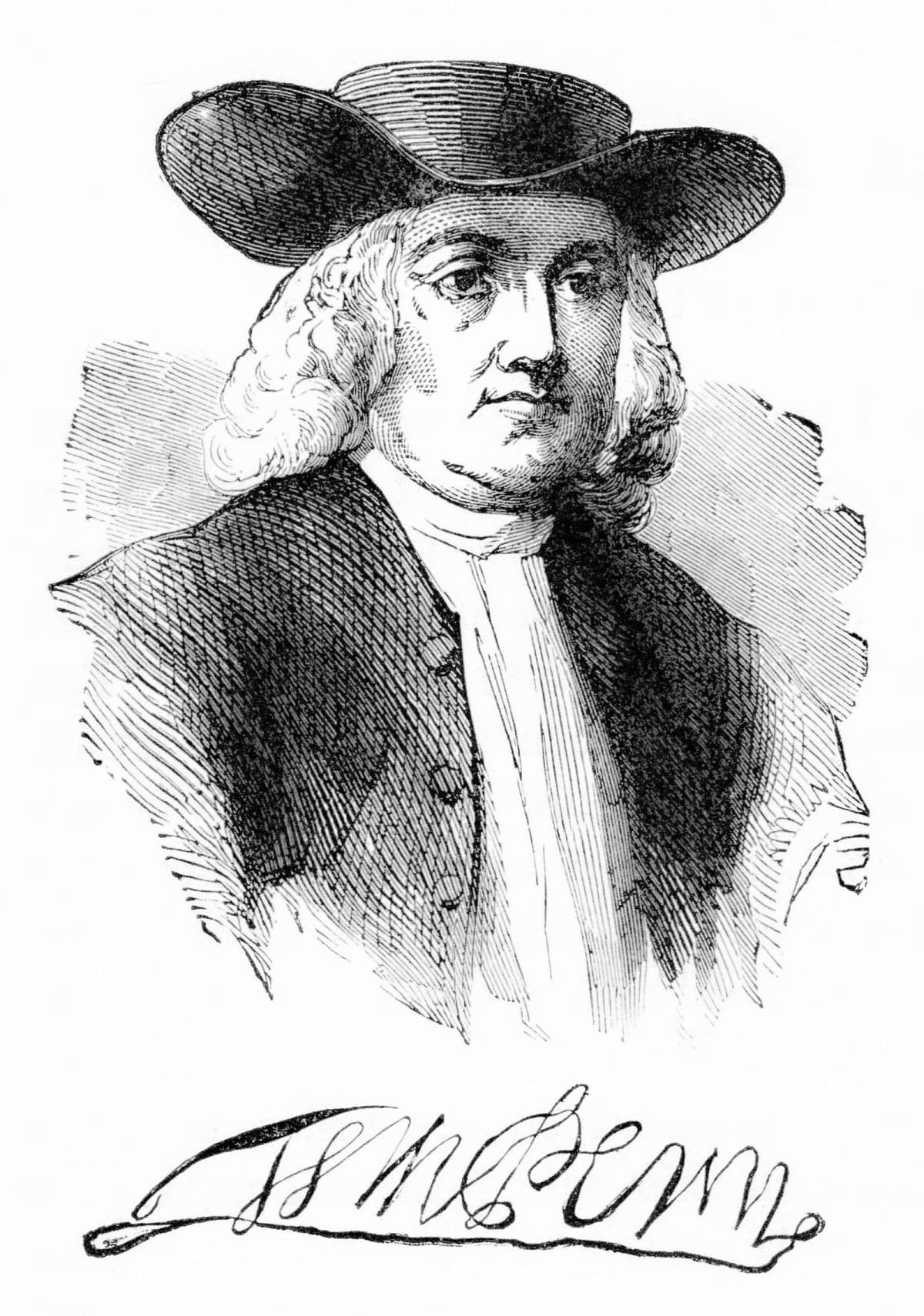 Historical illustration of William Penn meeting with colonists in peaceful Pennsylvania settlement