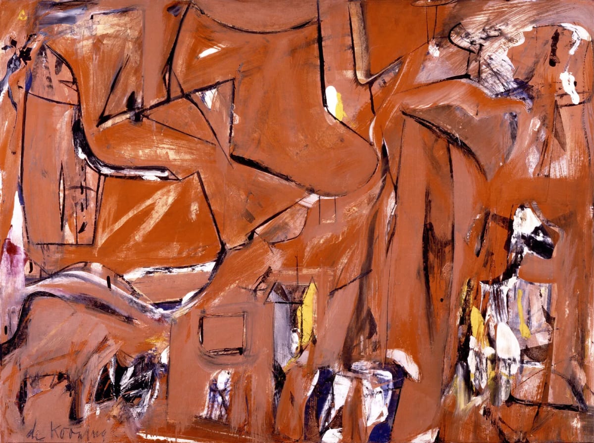 Willem de Kooning's abstract painting showing fluid monochrome forms with traces of human features