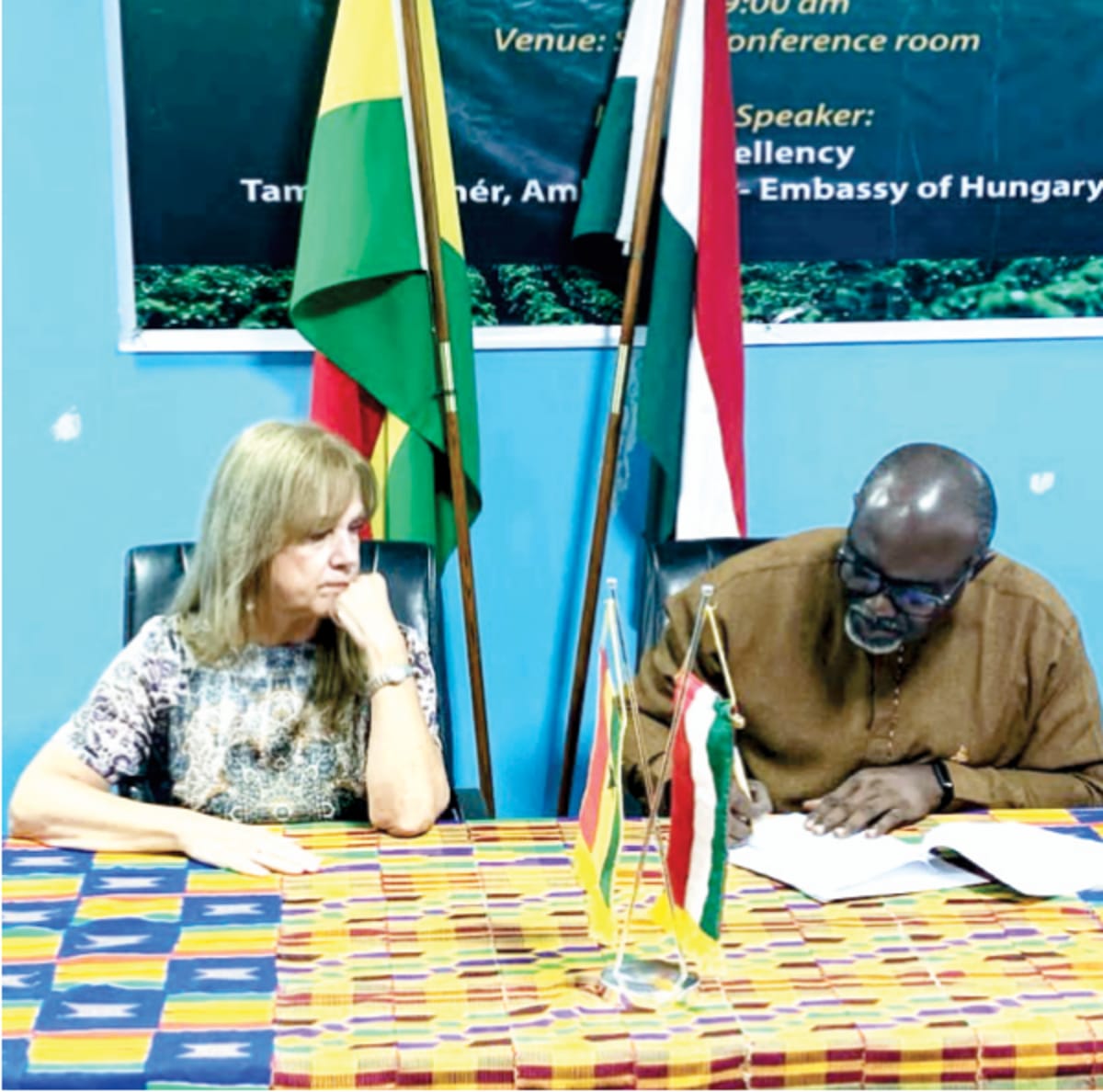 Ghanaian and Hungarian officials shake hands at agricultural cooperation forum in Accra