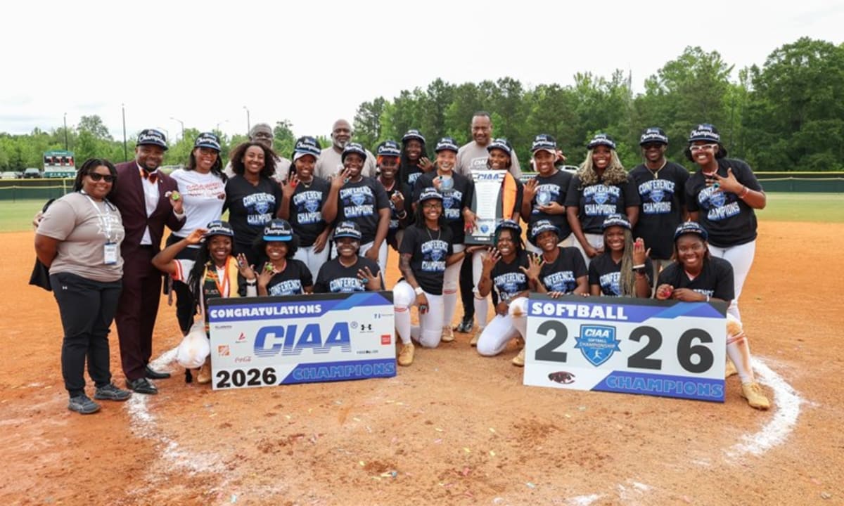 Claflin University softball team celebrating their 2026 CIAA Championship victory on field