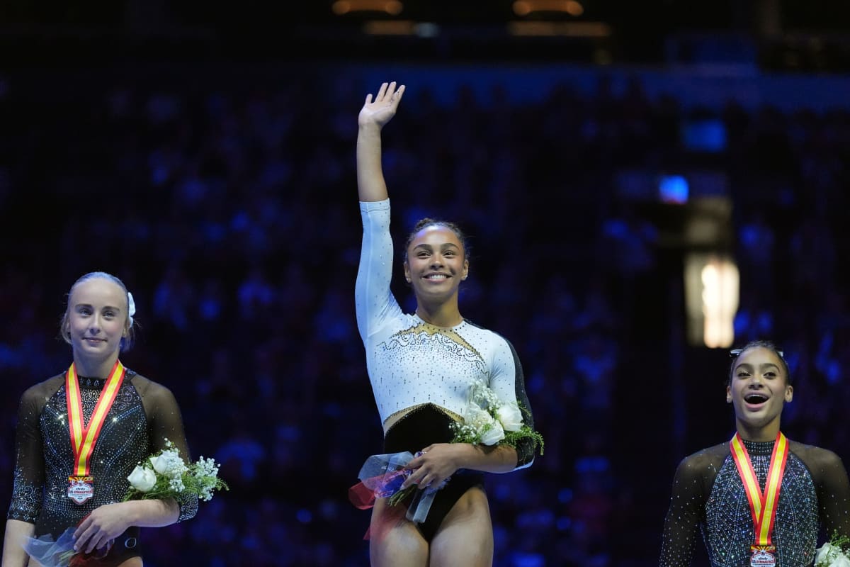 ** Gymnast Jade Carey competing on vault at U.S. gymnastics championships training for 2028 Olympics
