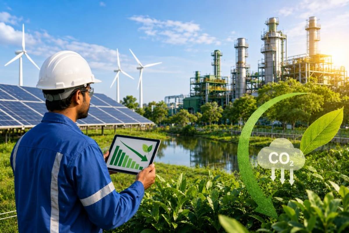 Industrial oil and gas facility surrounded by green trees and restored natural landscape in India