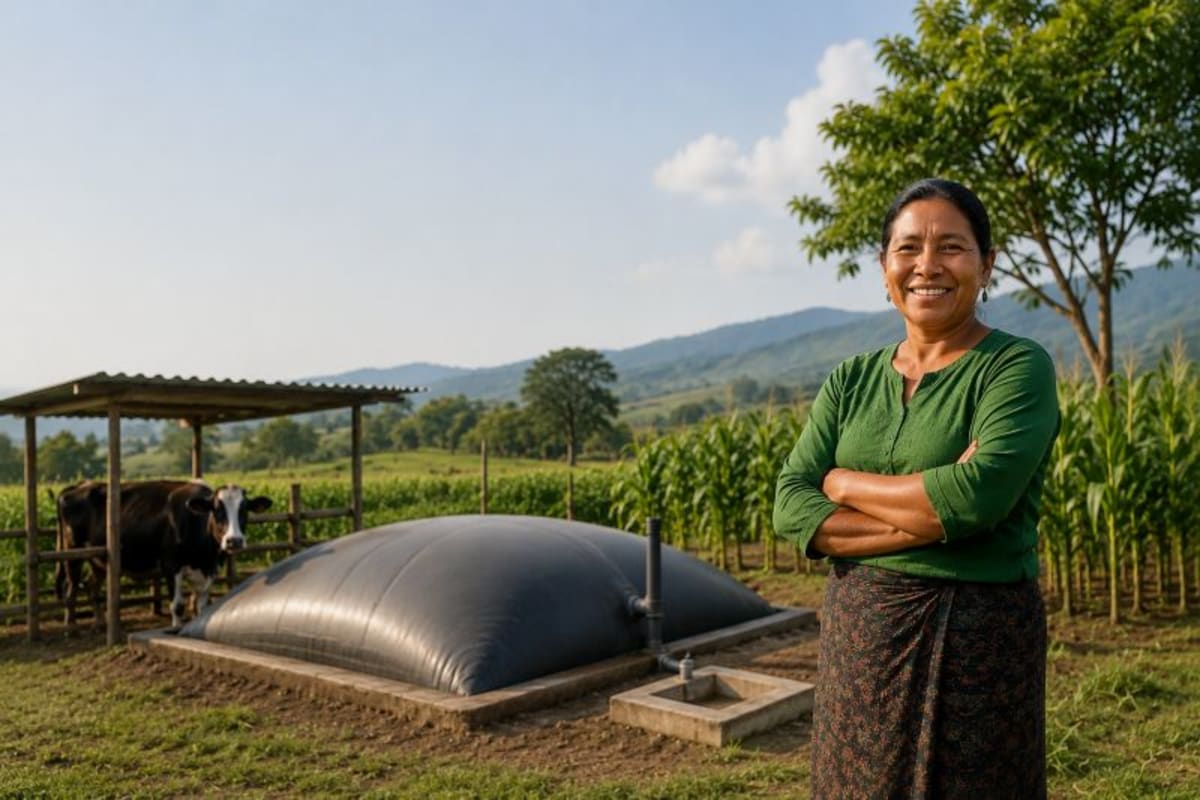 Small-scale farmer standing beside biodigester system that converts livestock waste into clean energy