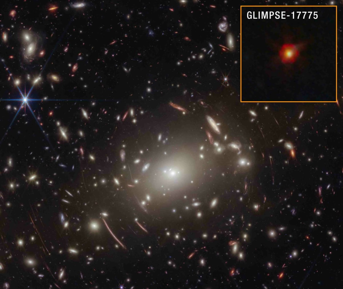 Artist's rendering of James Webb Space Telescope observing distant red cosmic object in early universe