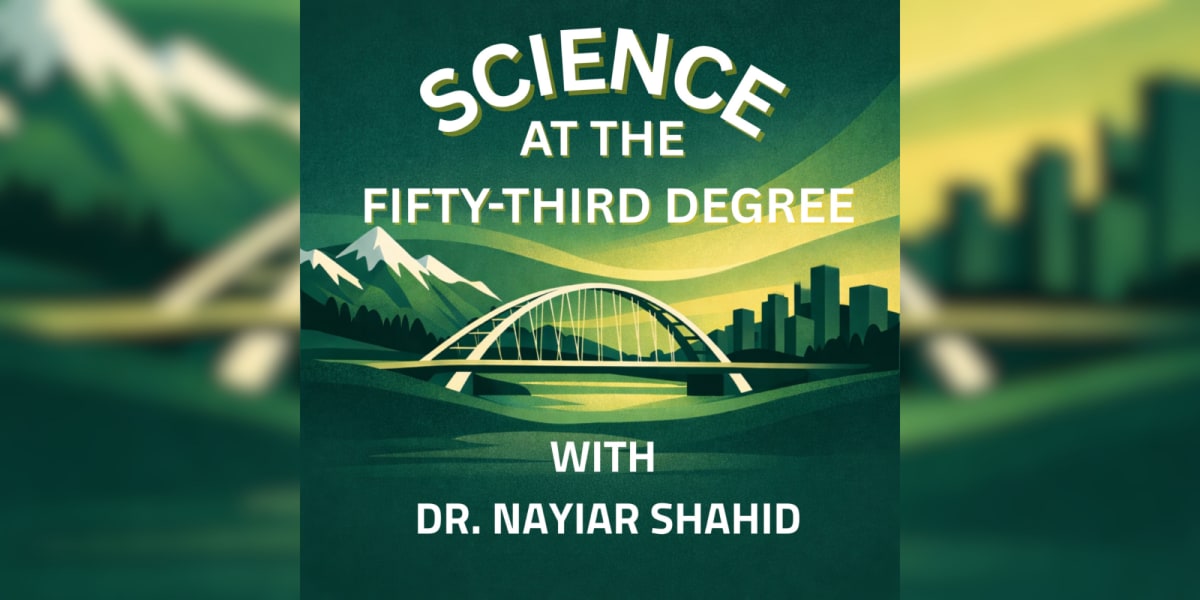 Podcast host Nayiar Shahid recording conversational science episode at University of Alberta studio