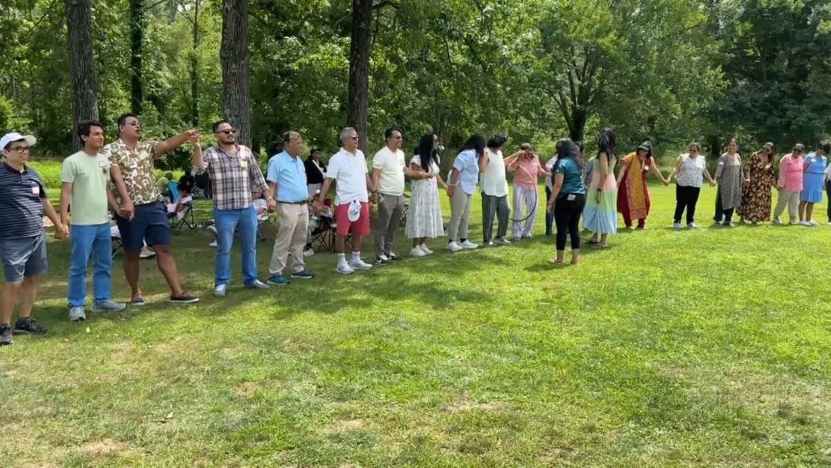 Families gathered outdoors at community picnic enjoying traditional Indian food and games together