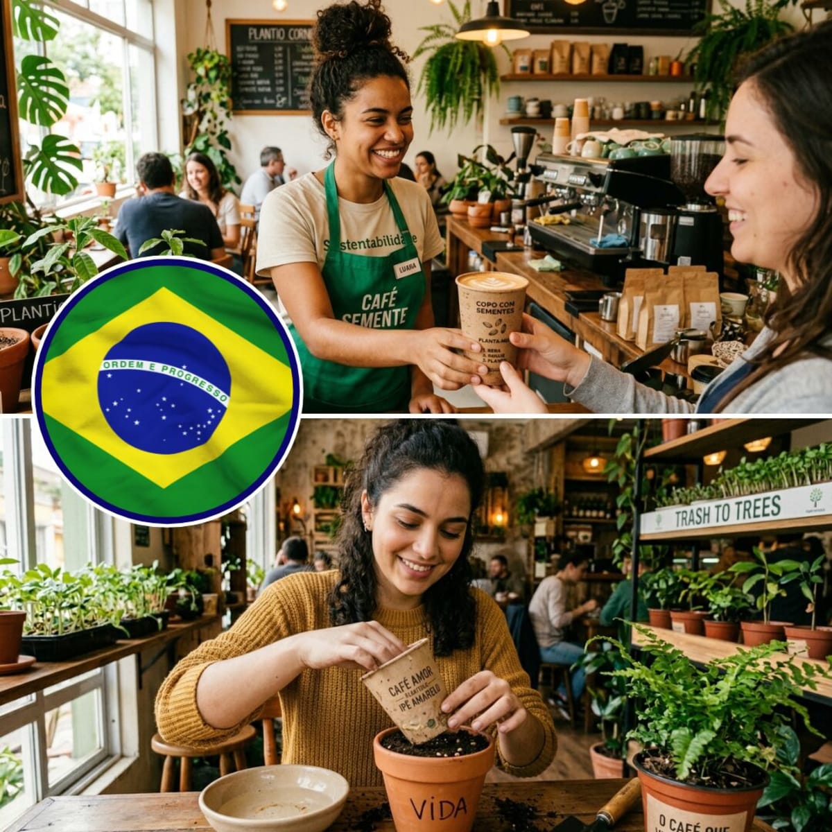 Hand planting biodegradable coffee cup embedded with seeds into rich soil