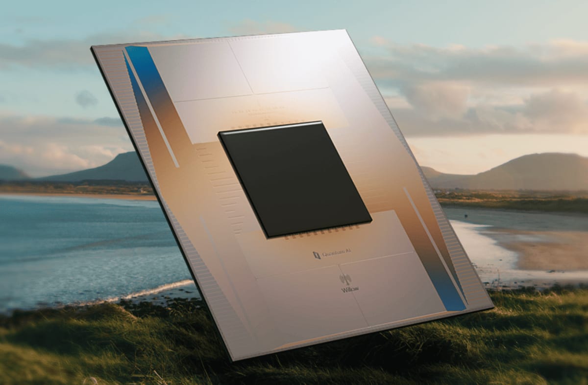 ** Google's Willow quantum processor chip with intricate gold circuitry on blue background