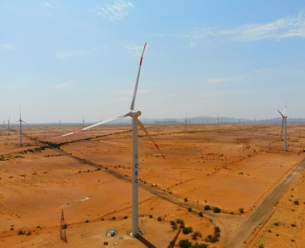 ** Wind turbines standing tall against blue sky in Ethiopian landscape generating clean renewable energy