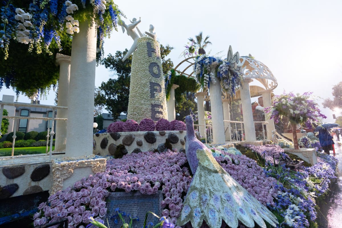 City of Hope Rose Parade float carrying cancer survivors including Atlanta advocate Tyler Blue through Pasadena