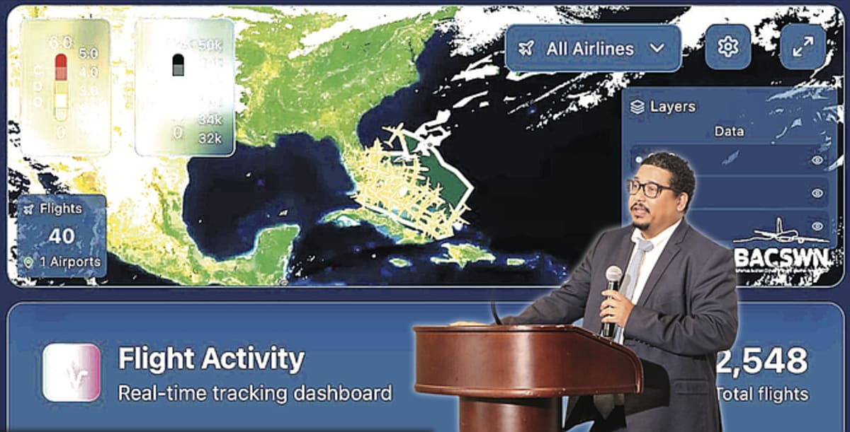 Scientists view digital aviation weather platform display showing real-time flight optimization technology in Nassau