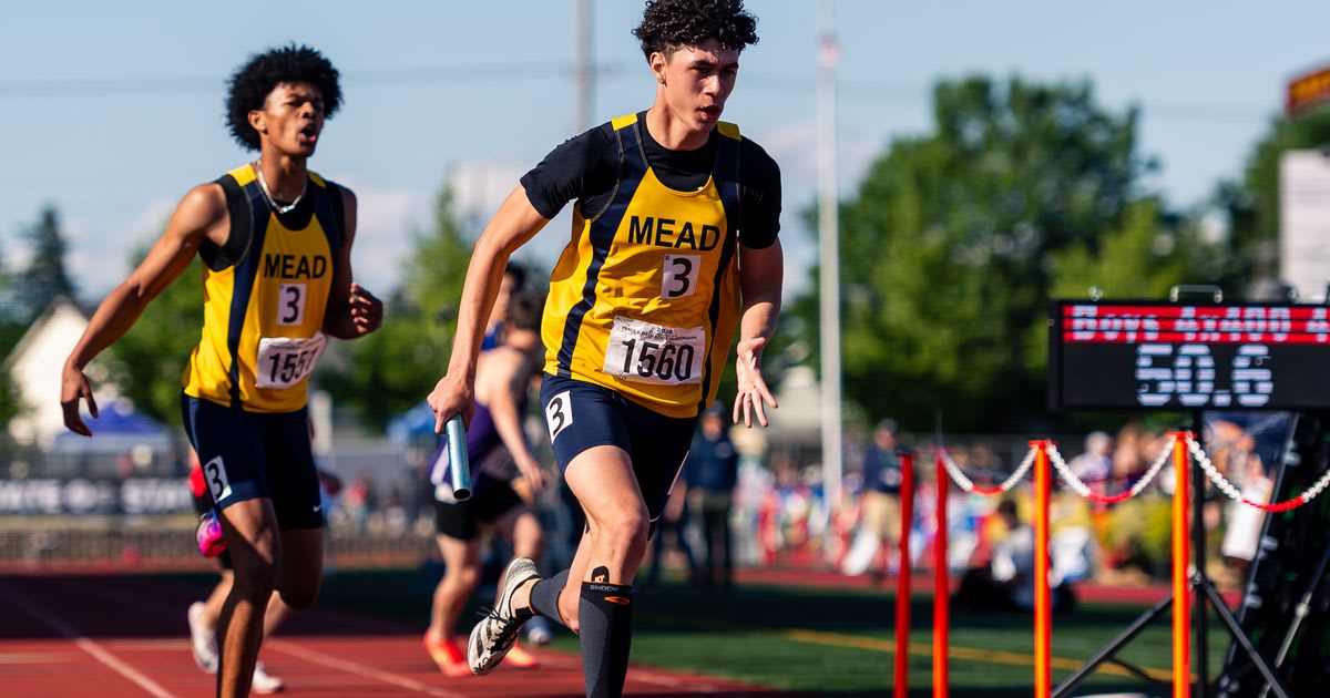 Mead High School relay team celebrating after clinching Washington 4A state track championship