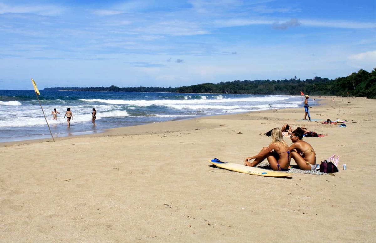 Tropical beach in Costa Rica with clear turquoise water and palm trees along sandy shore