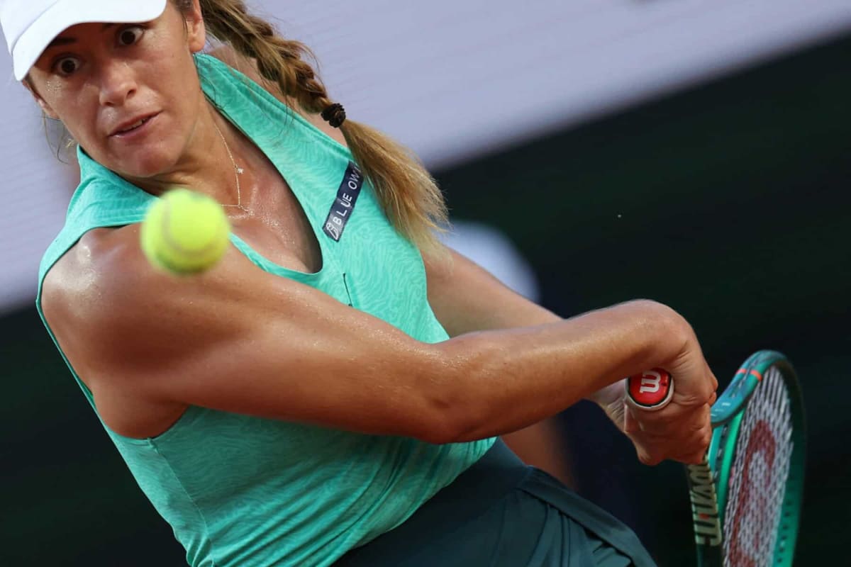 Solana Sierra celebrates on clay court at French Open Roland-Garros tournament in Paris