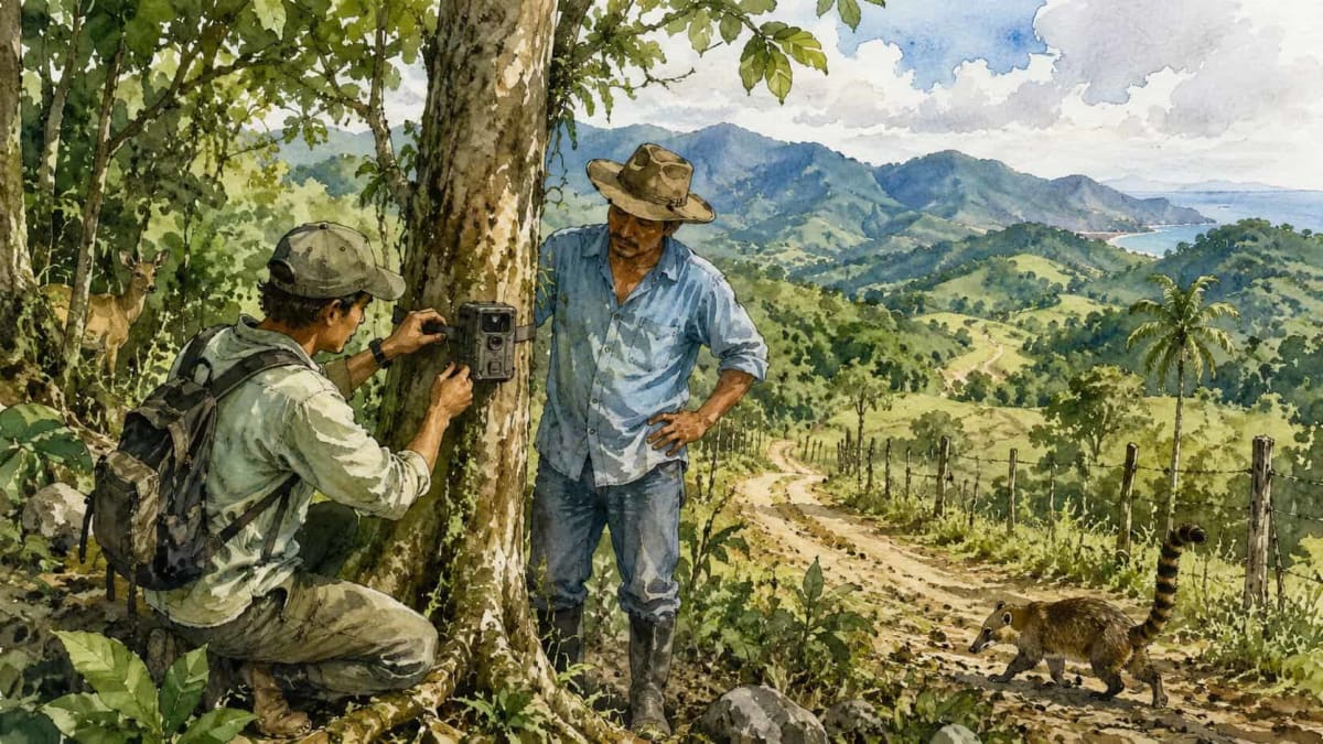 Camera trap equipment mounted on tree in lush Costa Rican forest with mountains visible