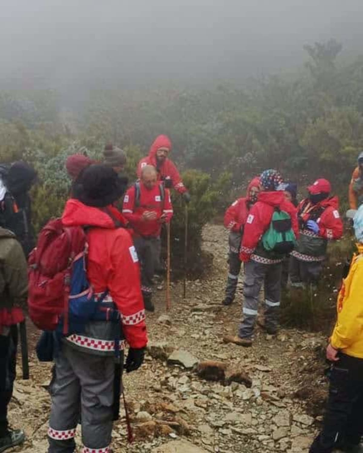 Mountain rescue team carrying stretcher through rugged terrain in Chirripó National Park, Costa Rica