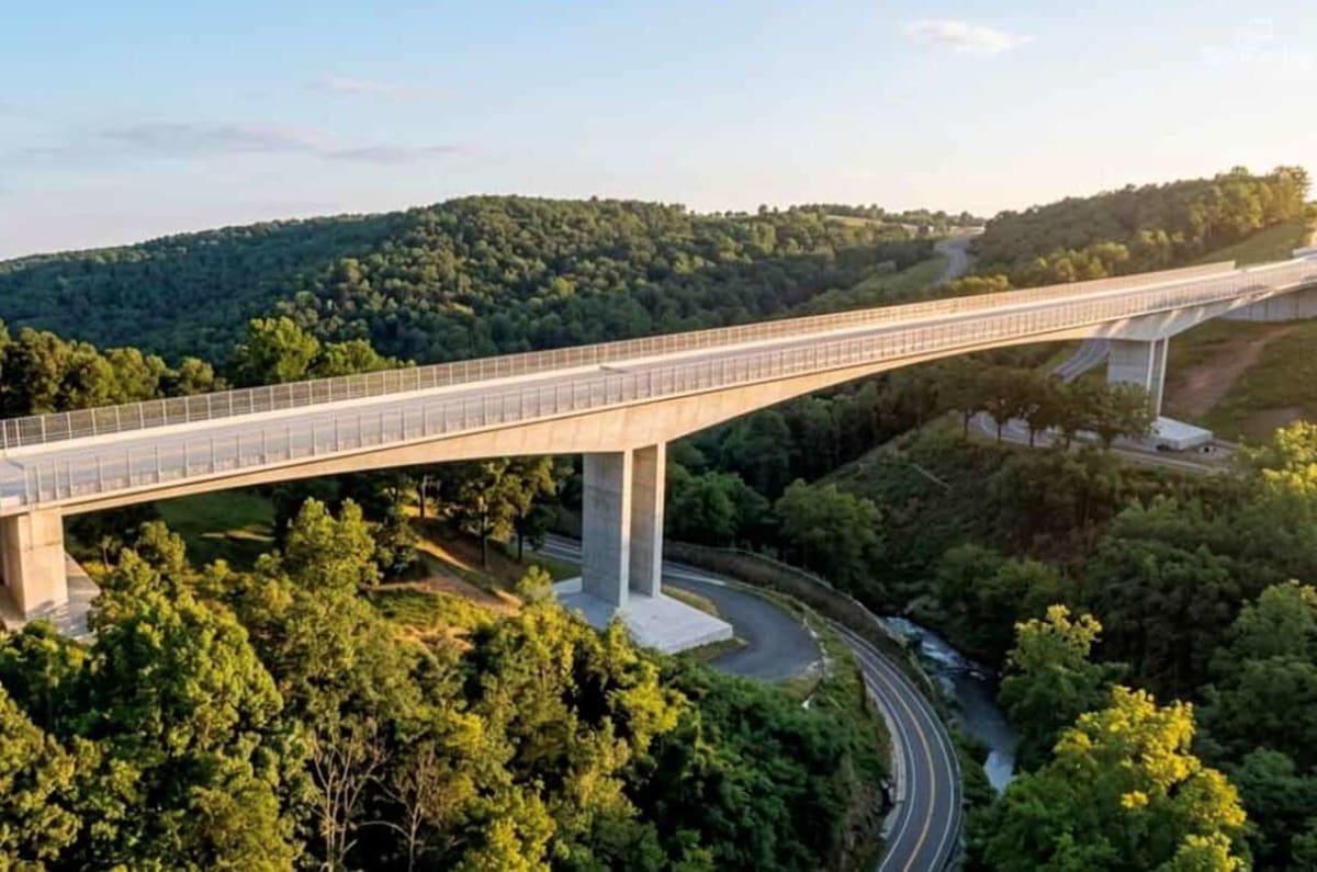 Construction crews building foundation of massive four-lane bridge crossing Costa Rican mountains