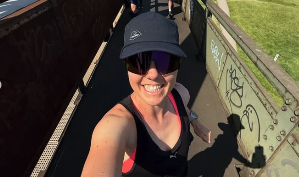 Joyce Hübner running on a road during her consecutive daily marathon world record attempt