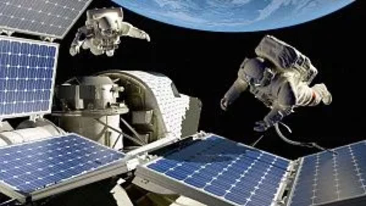 Illustration of large solar panels in Earth orbit transmitting energy wirelessly to ground stations