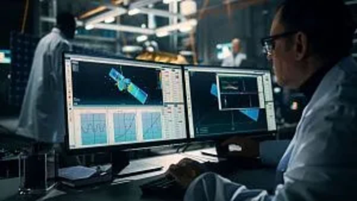 Modern aerospace research facility with satellite technology and scientists collaborating on space innovation projects