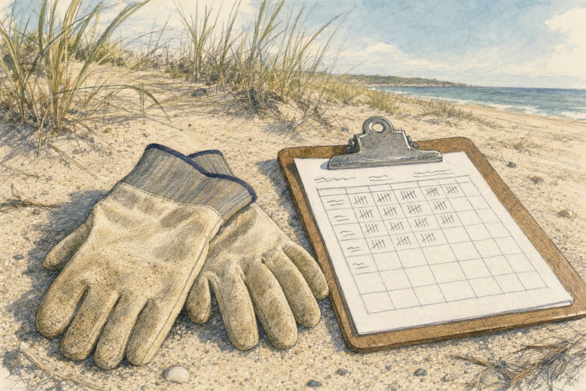 Volunteers in work gloves collecting trash and litter along a sandy Rhode Island beach shoreline