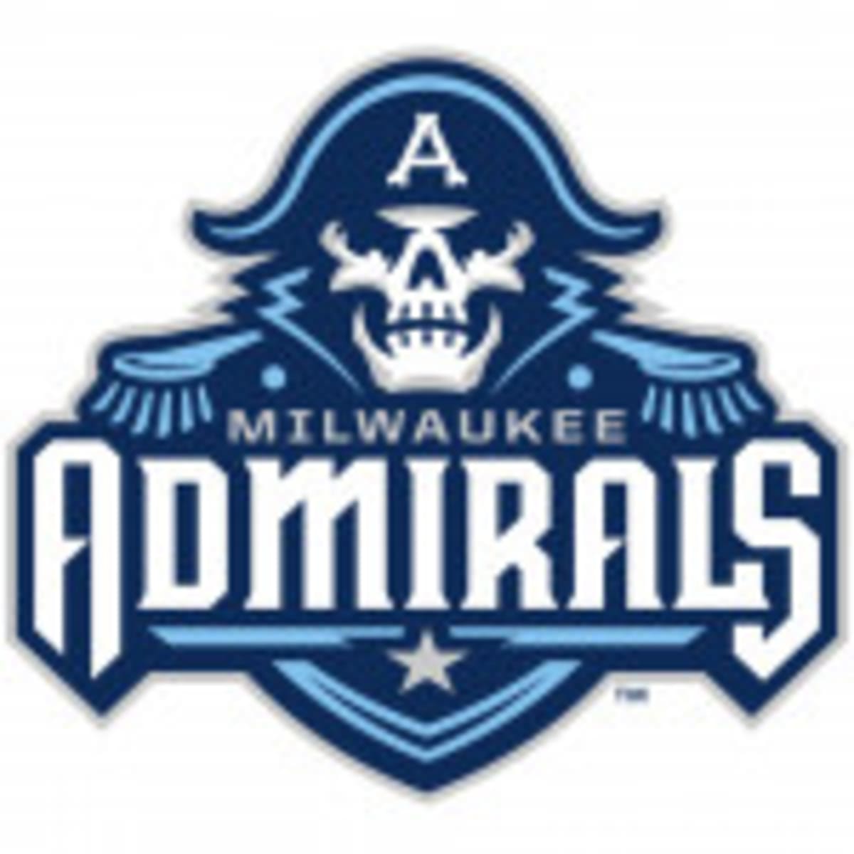 Milwaukee Admirals hockey players celebrating on ice after scoring goal for charity