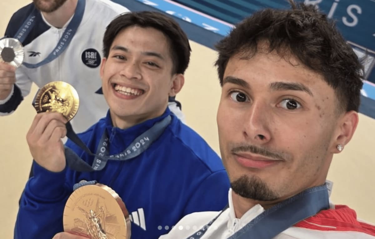 Jake Jarman and Carlos Yulo together at Paris 2024 Olympics gymnastics competition