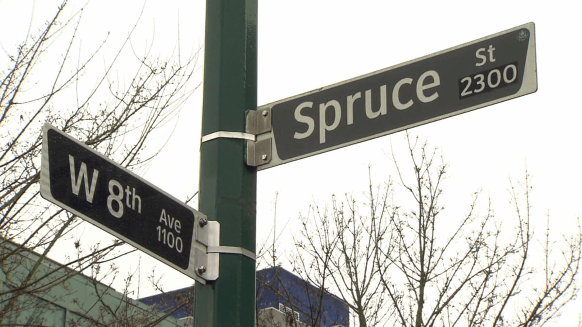 Intersection of West 8th Avenue and Spruce Street in Vancouver where heroic rescue occurred