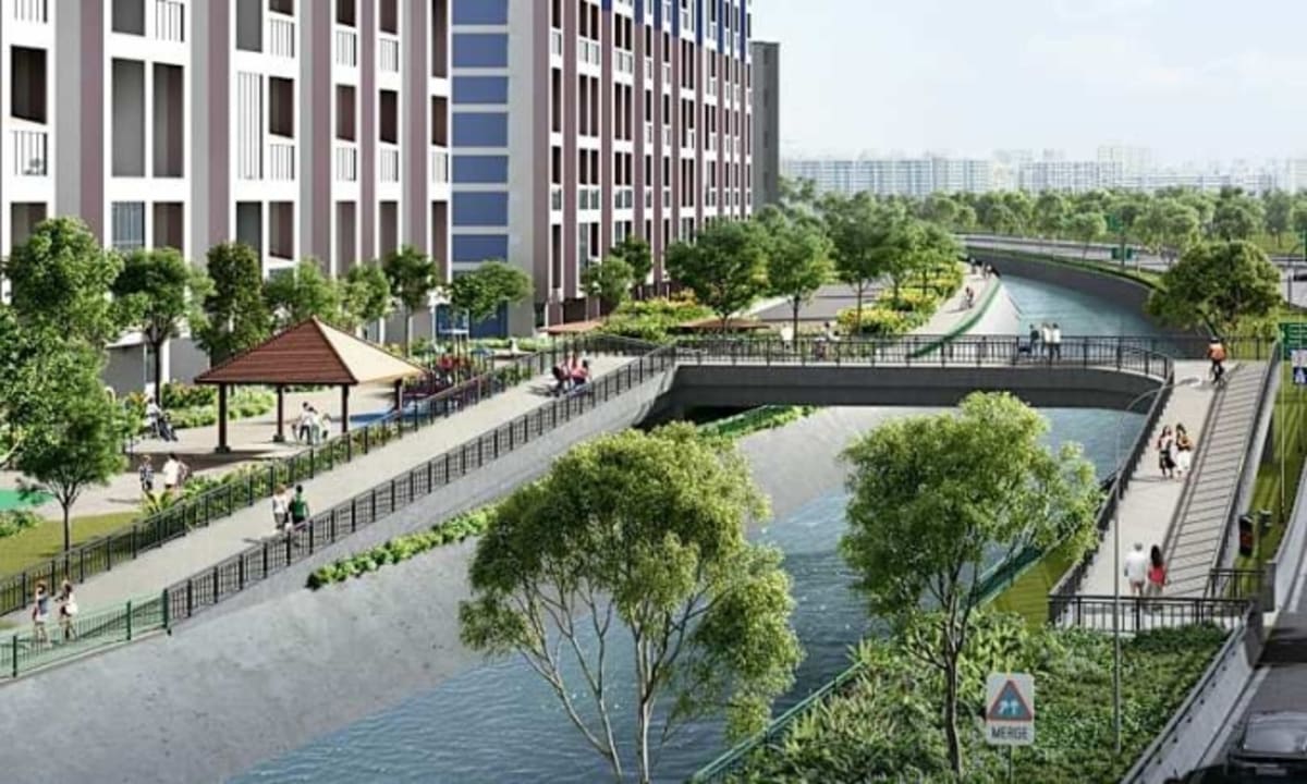 Artist rendering of futuristic 3D-printed concrete pedestrian bridge in Singapore connecting residential neighborhoods