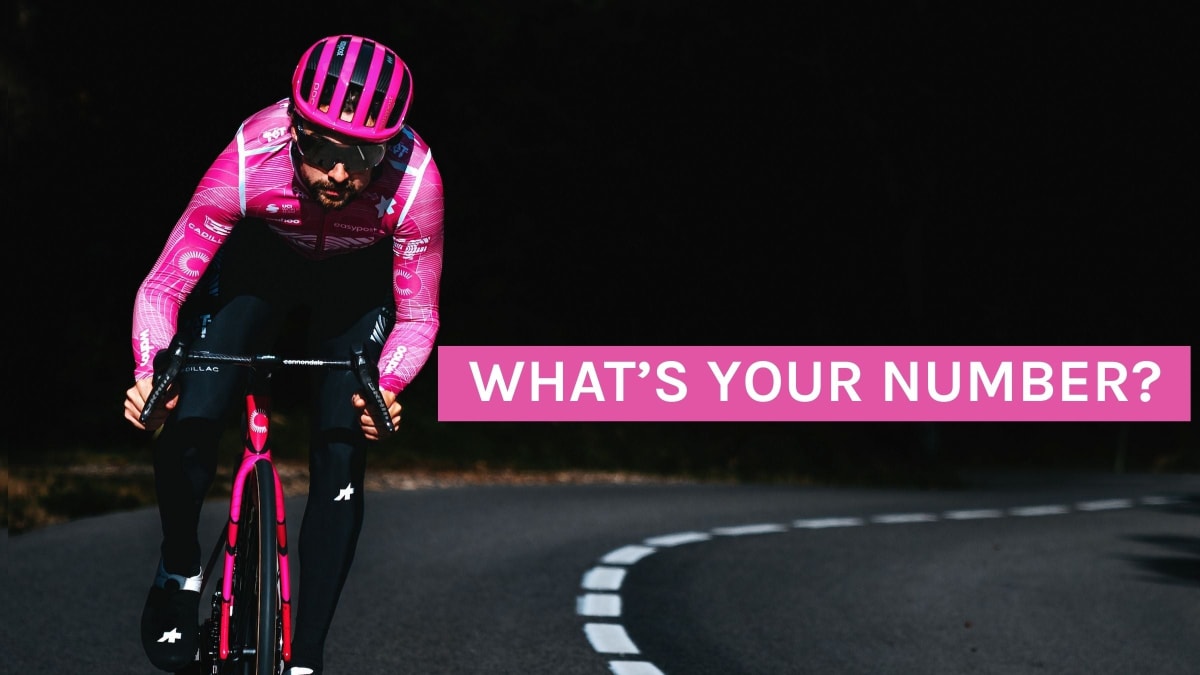 Cyclist on indoor trainer wearing power meter during intense five-minute fitness test