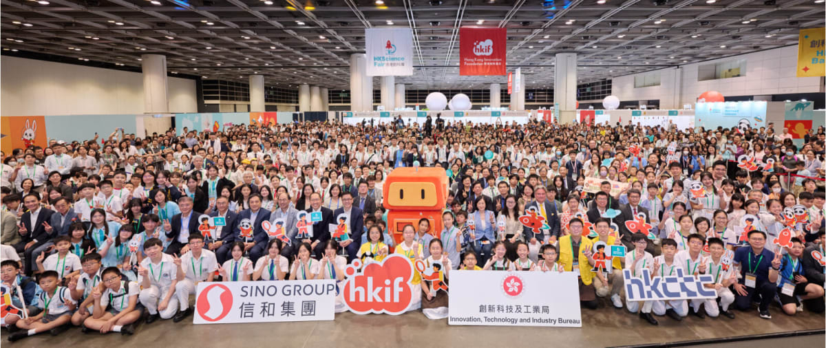 Students presenting creative science and technology inventions at Hong Kong Science Fair exhibition