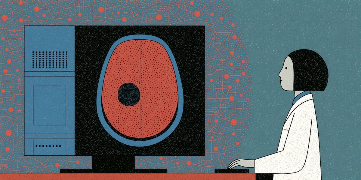 Scientist examining medical imaging scans with quantum computing technology display in background