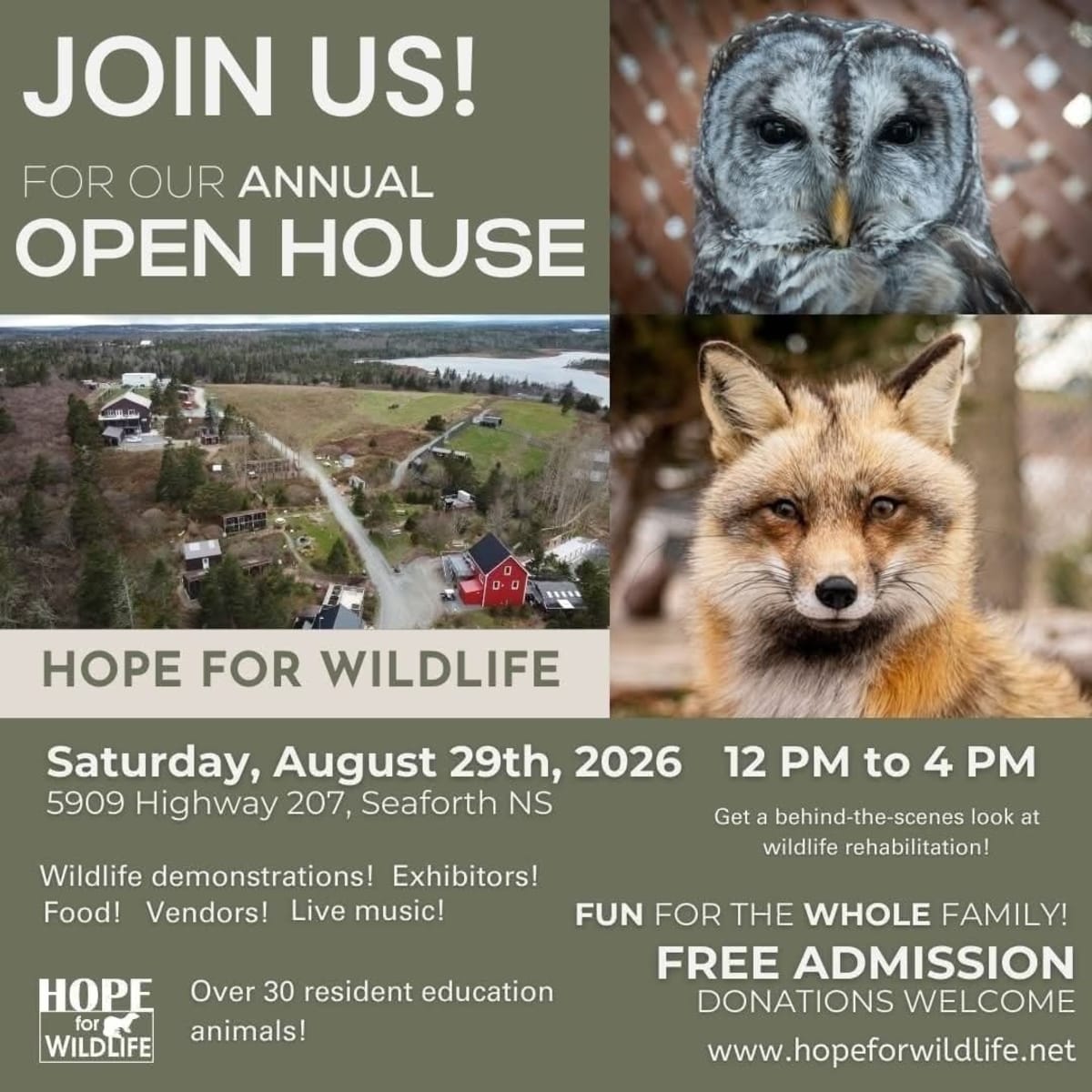 Hope for Wildlife open house event promotional graphic with facility information and activity details