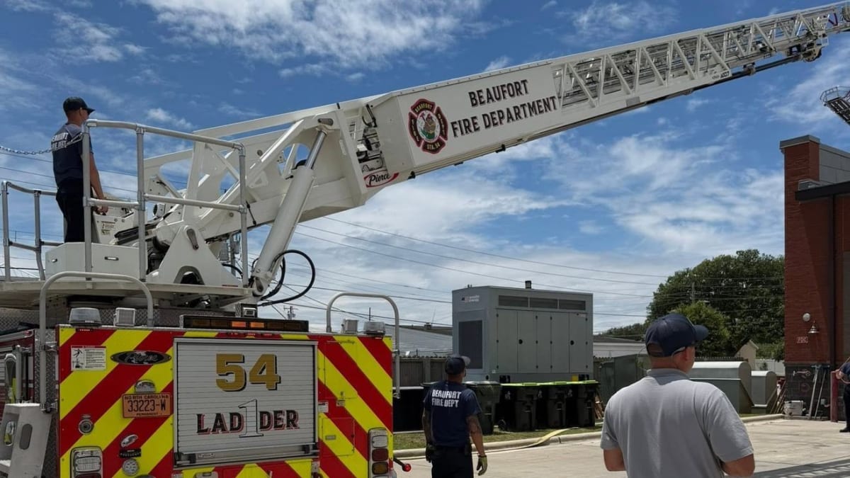 Beaufort firefighters practicing aerial ladder operations and positioning during rescue readiness training session