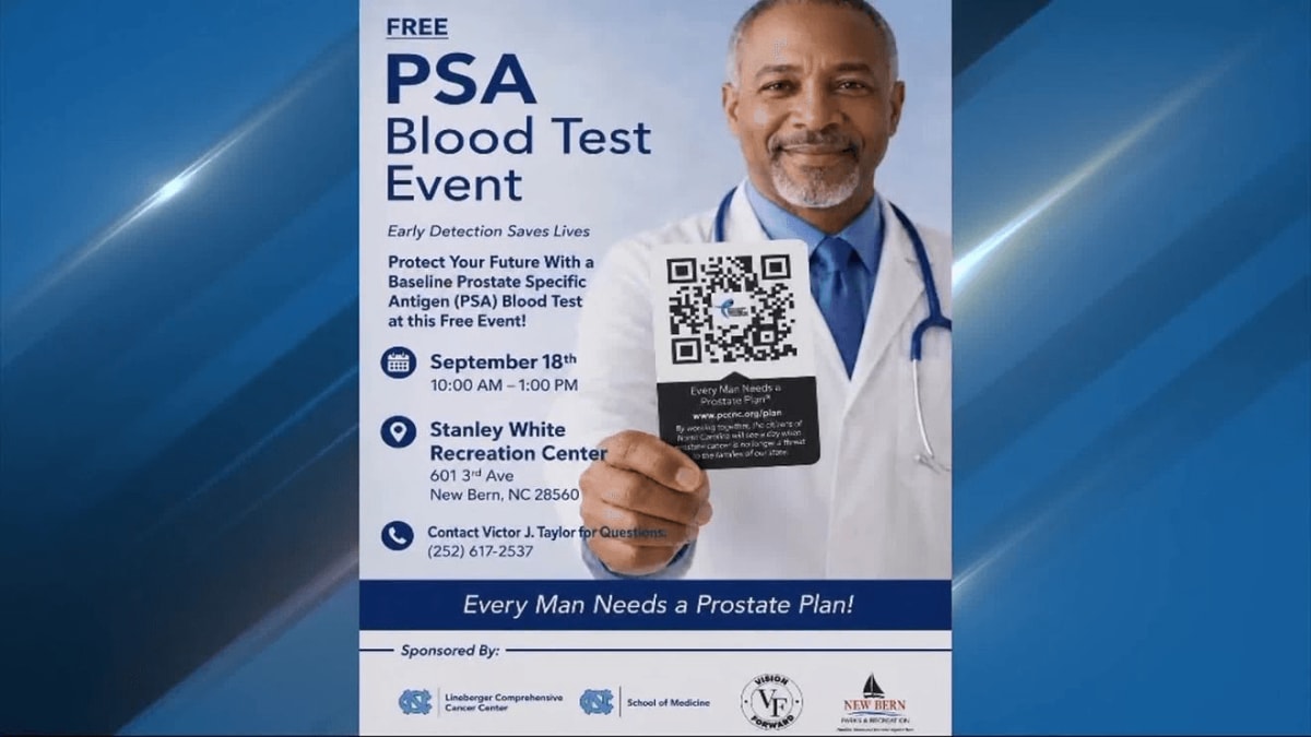 ** Community health worker preparing blood test equipment for free prostate cancer screening event
