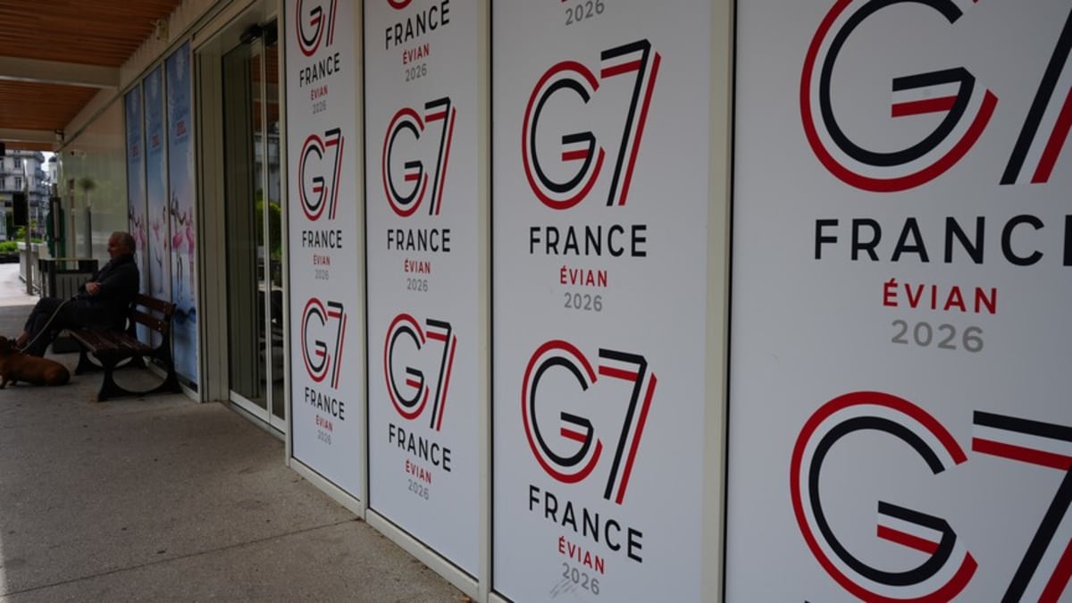 World leaders gathering at G7 summit in Evian, France, with national flags displayed