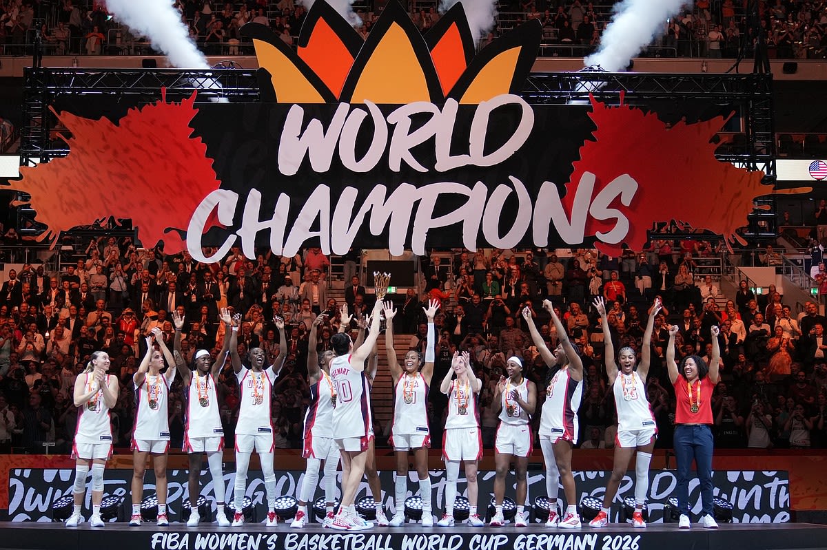 Breanna Stewart celebrates with American flag after winning FIBA Women's Basketball World Cup championship in Berlin