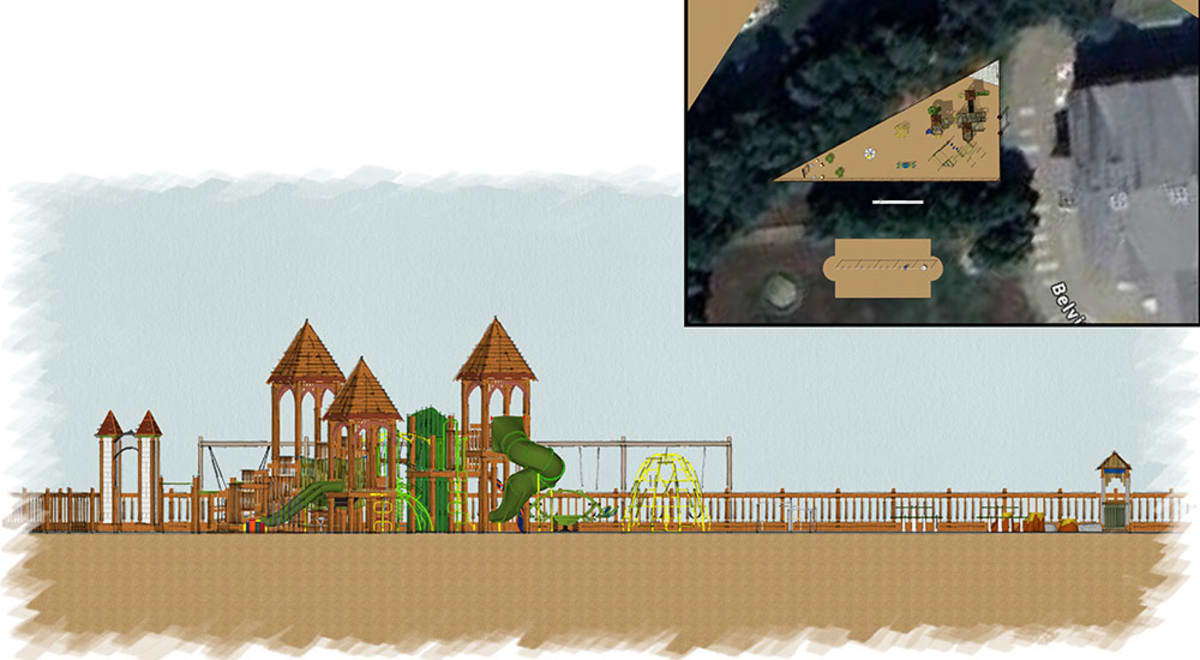 Artist rendering of colorful multi-level playground with castle towers and accessible ramps at Golden Hill Elementary School
