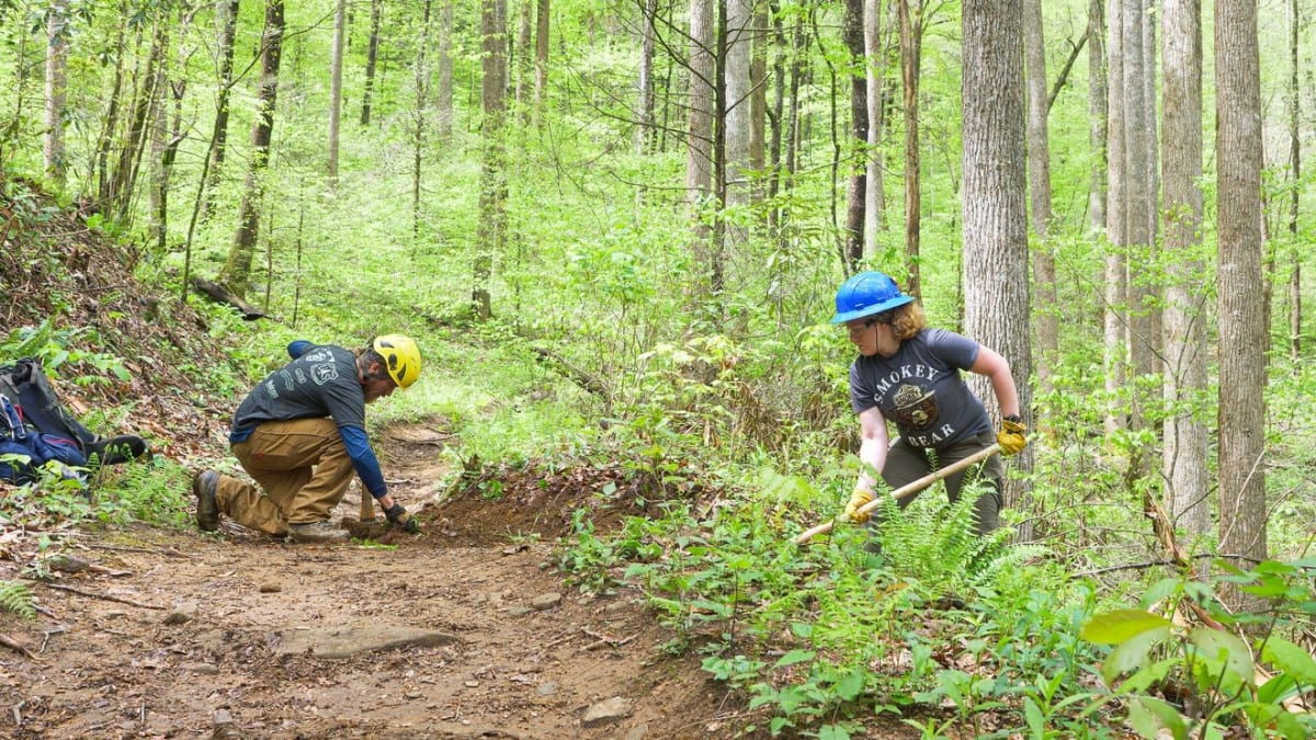 Volunteers working together on trail maintenance in North Carolina's Pisgah National Forest