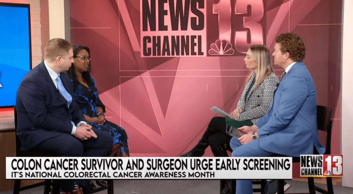 Cancer survivor Tyleia Harrell and colorectal surgeon Dr. Thomas Tritt advocating for early screening