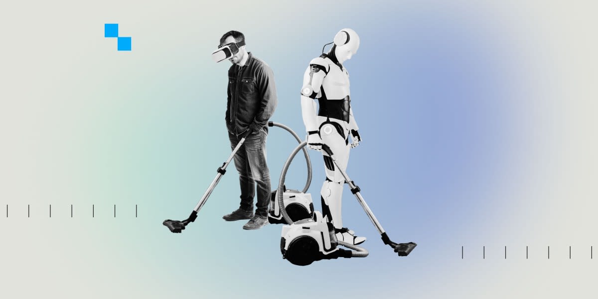 Person wearing head-mounted camera while performing household chores to train humanoid robots