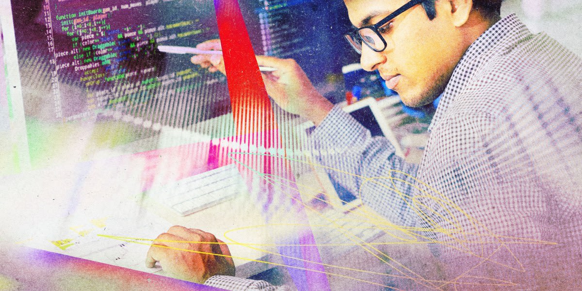 ** Office worker smiling while using computer with AI interface showing positive employment data trends