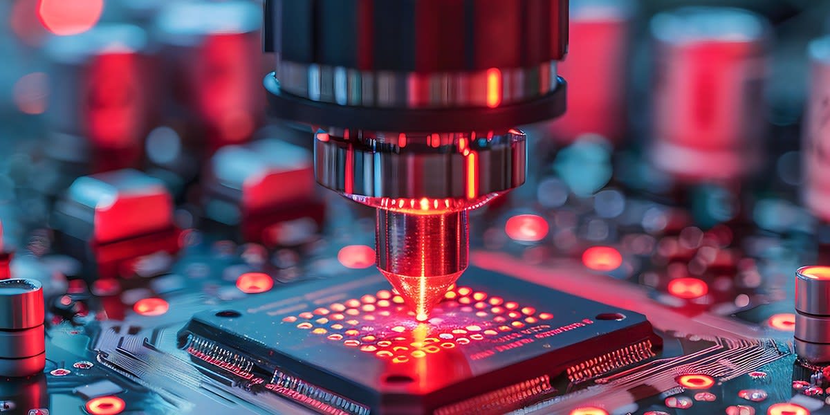 Close-up of advanced semiconductor chip materials glowing with blue processing light